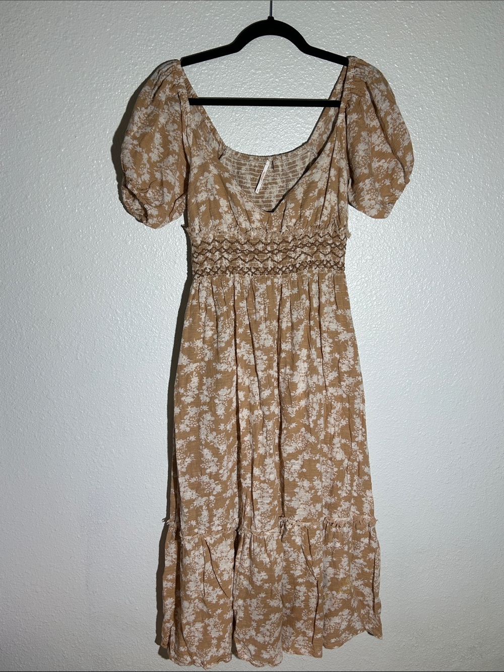 Free People Floral Smocked Midi Dress in Camel and White Sz S